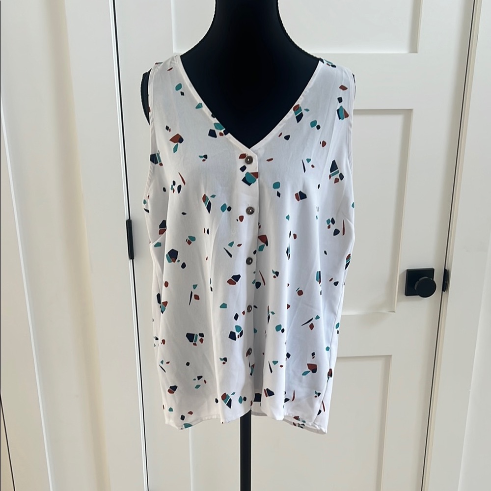 White Sleeveless Top with Multicolor Print